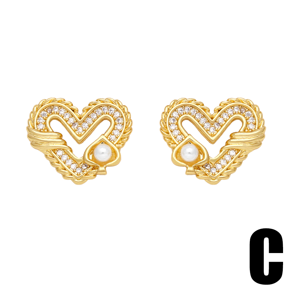 1 Pair Modern Style Simple Style Square Heart Shape Pineapple Plating Inlay Copper Artificial Pearls Zircon 18k Gold Plated Ear Studs display picture 5