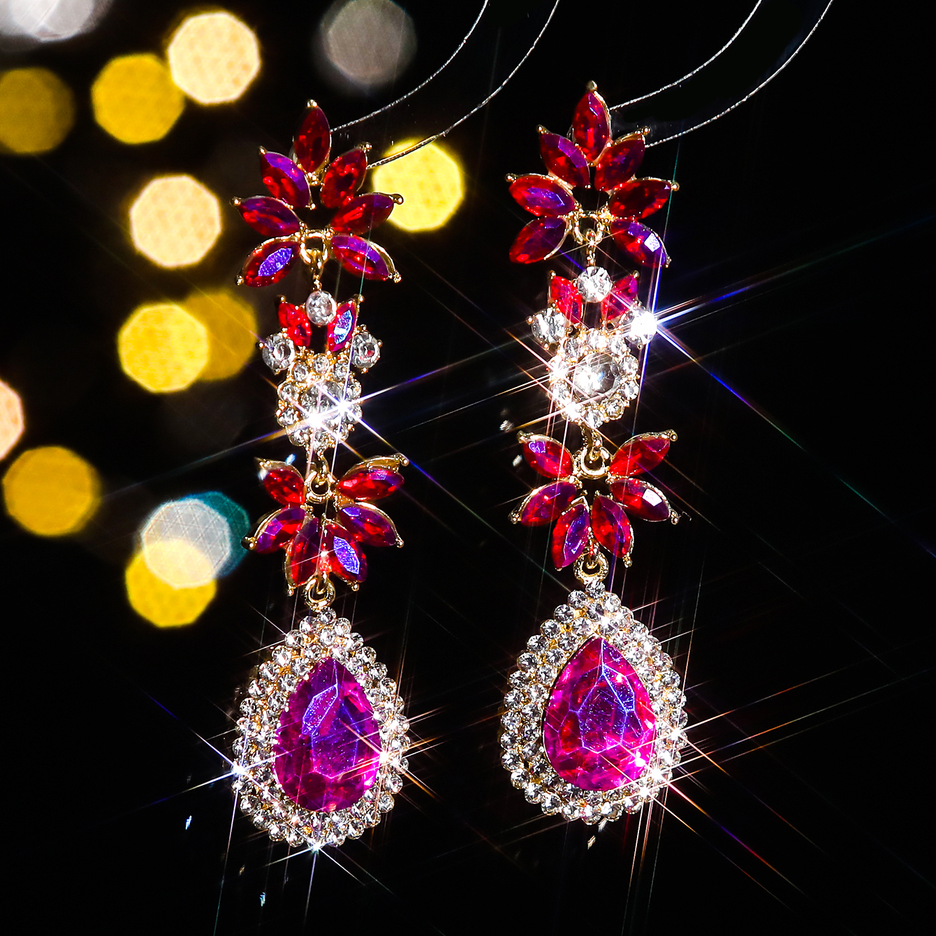 1 Pair Glam Luxurious Shiny Water Droplets Flower Plating Inlay Alloy Rhinestones Zircon Drop Earrings display picture 7