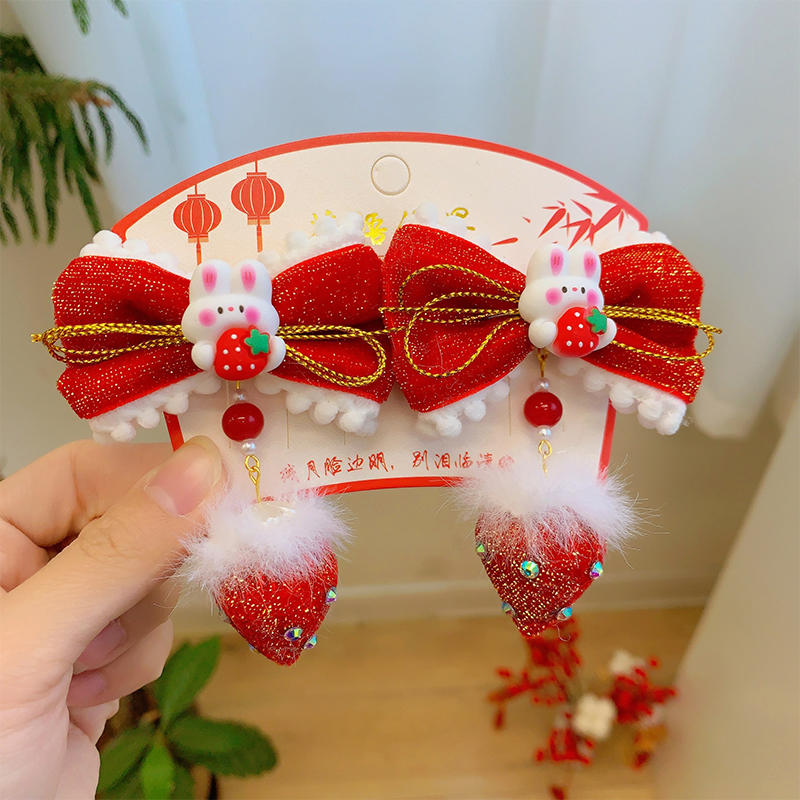 Girl's Chinoiserie Cute Flower Bow Knot Alloy Cloth Tassel Hair Clip display picture 4