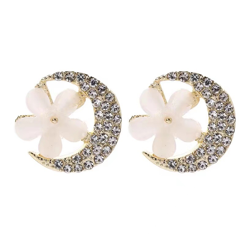 1 Paire Sucré Style Simple Lune Fleur Placage Incruster Alliage Strass Boucles D'oreilles display picture 5