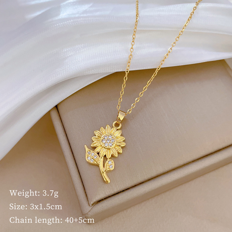 Wholesale Sweet Simple Style Sunflower Titanium Steel Copper Plating Inlay Artificial Gemstones Pendant Necklace display picture 3