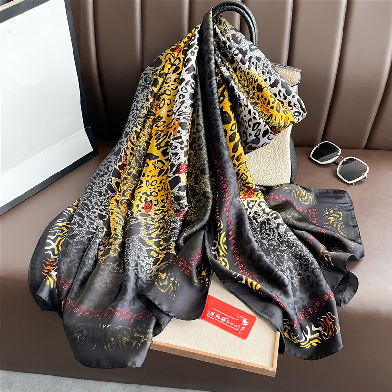 Adults French Style Modern Style Leopard Satin Printing Silk Scarf Shawl display picture 3