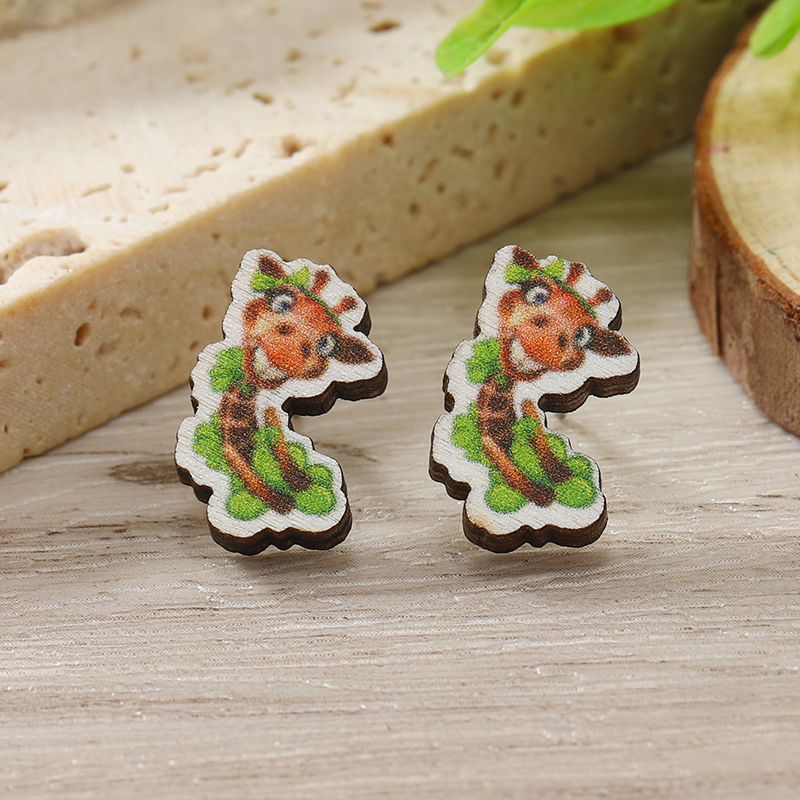 1 Pair Cute Shamrock Animal Painted Wood Silver Plated Ear Studs display picture 104