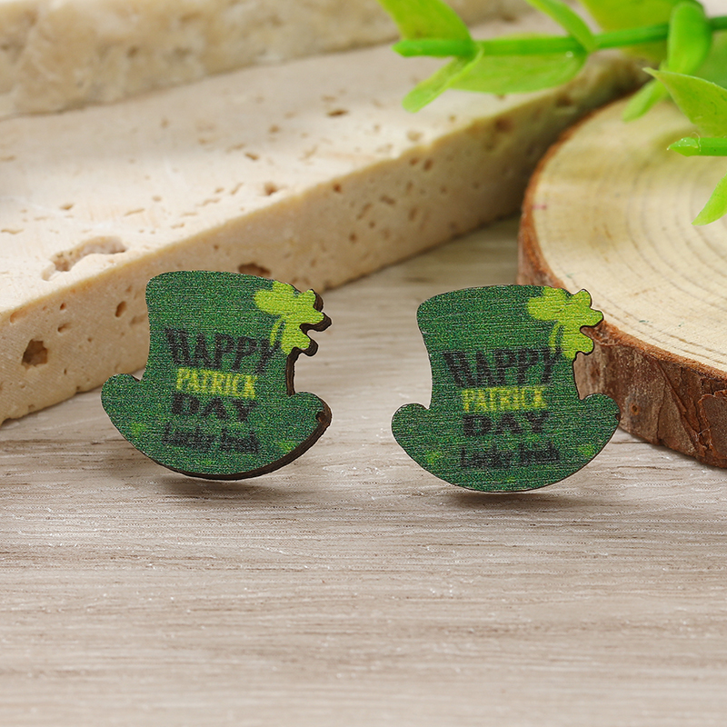 1 Pair Cute Shamrock Animal Painted Wood Silver Plated Ear Studs display picture 106