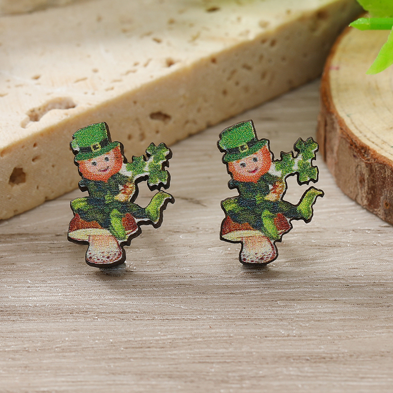 1 Pair Cute Shamrock Animal Painted Wood Silver Plated Ear Studs display picture 113