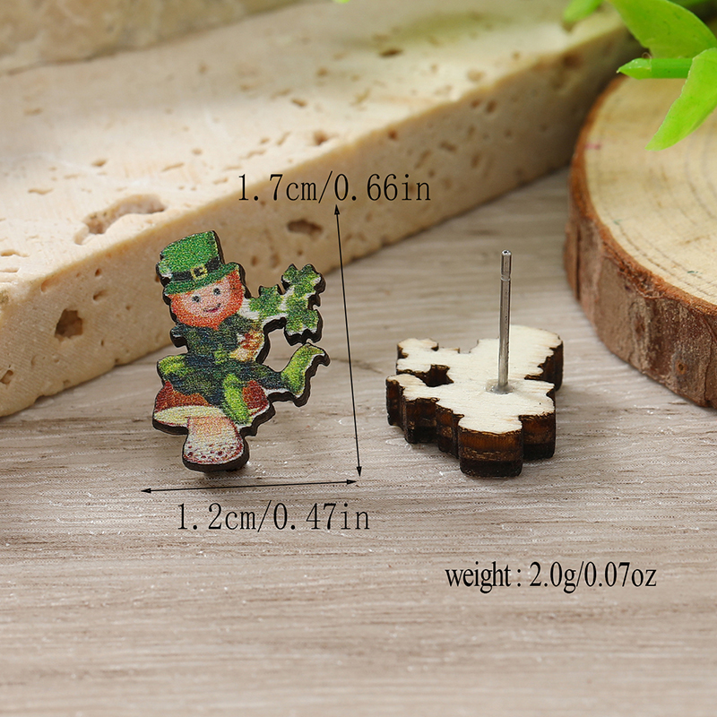 1 Pair Cute Shamrock Animal Painted Wood Silver Plated Ear Studs display picture 105