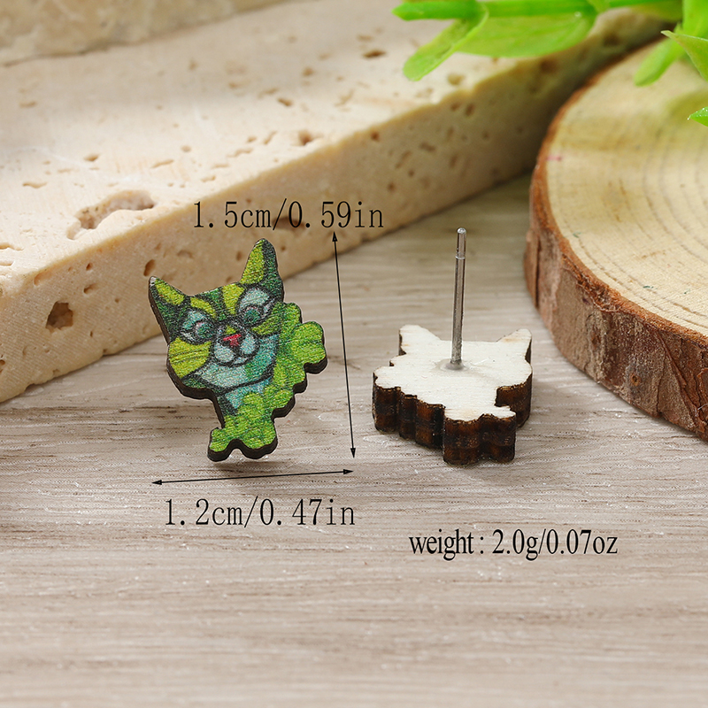 1 Pair Cute Shamrock Animal Painted Wood Silver Plated Ear Studs display picture 87