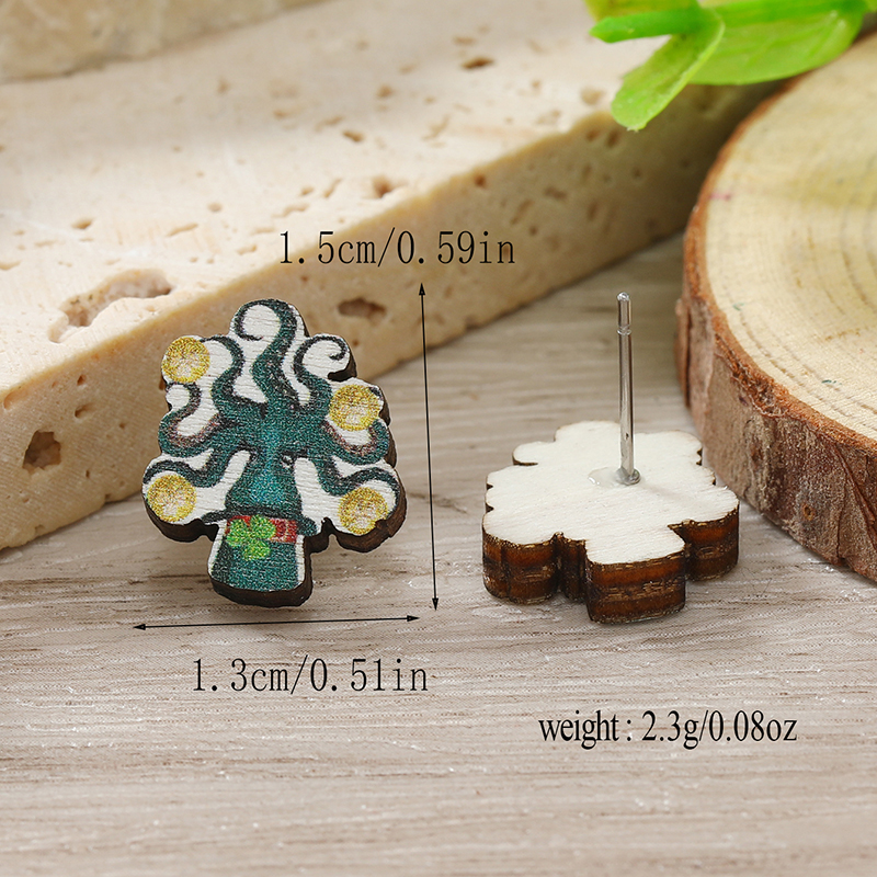 1 Pair Cute Shamrock Animal Painted Wood Silver Plated Ear Studs display picture 84