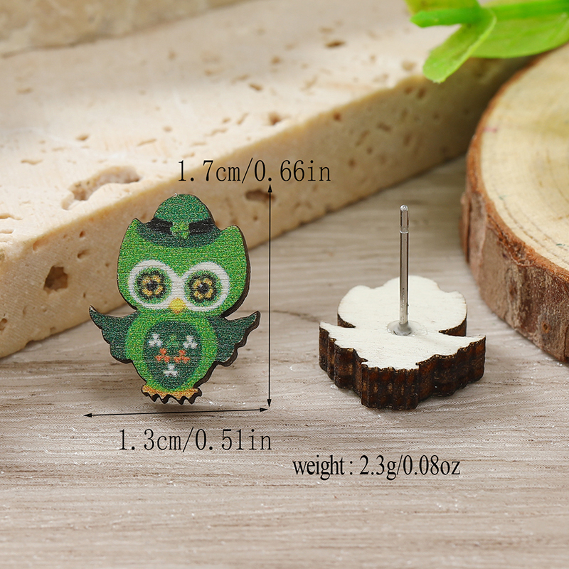 1 Pair Cute Shamrock Animal Painted Wood Silver Plated Ear Studs display picture 78