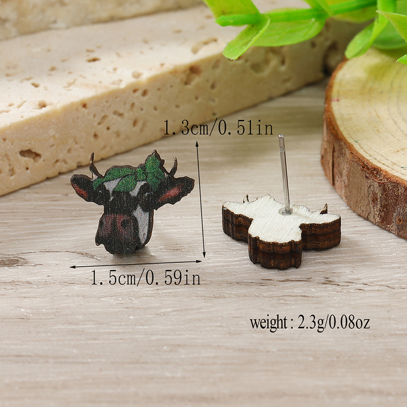 1 Pair Cute Shamrock Animal Painted Wood Silver Plated Ear Studs display picture 46