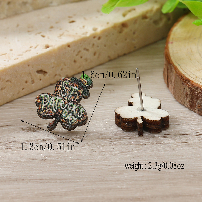 1 Pair Cute Shamrock Animal Painted Wood Silver Plated Ear Studs display picture 47