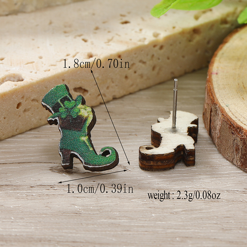 1 Pair Cute Shamrock Animal Painted Wood Silver Plated Ear Studs display picture 35