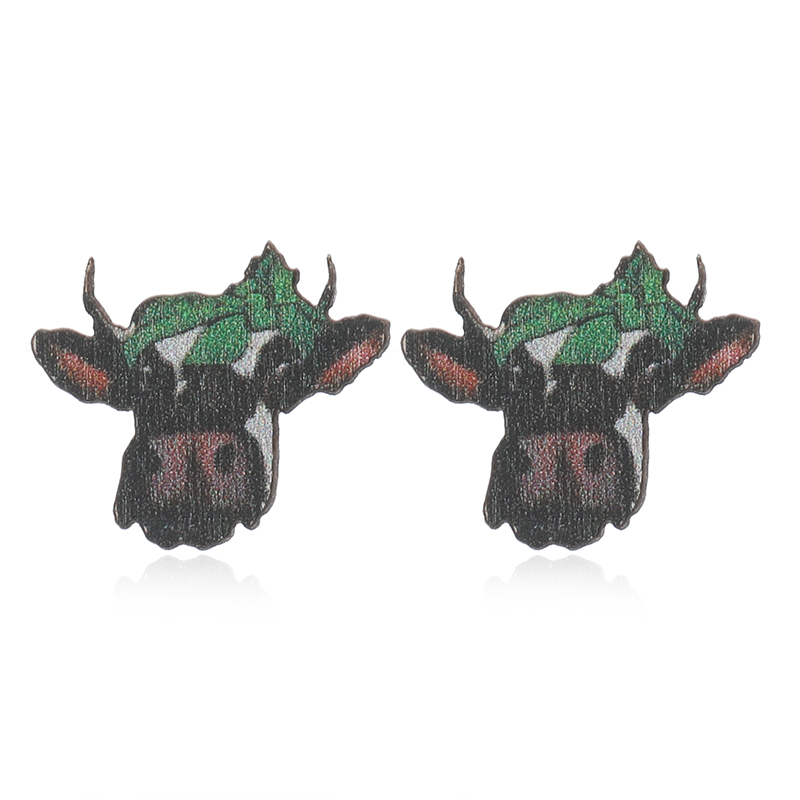 1 Pair Cute Shamrock Animal Painted Wood Silver Plated Ear Studs display picture 1
