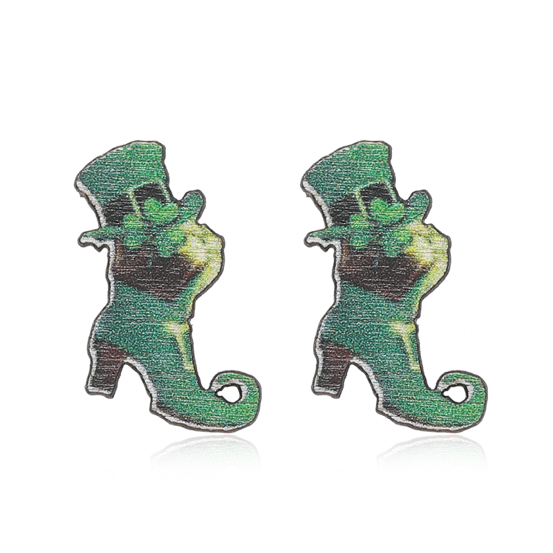 1 Pair Cute Shamrock Animal Painted Wood Silver Plated Ear Studs display picture 3