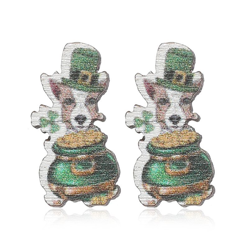 1 Pair Cute Shamrock Animal Painted Wood Silver Plated Ear Studs display picture 9