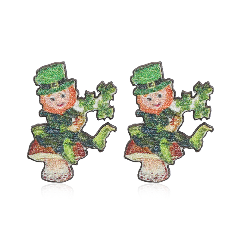 1 Pair Cute Shamrock Animal Painted Wood Silver Plated Ear Studs display picture 24