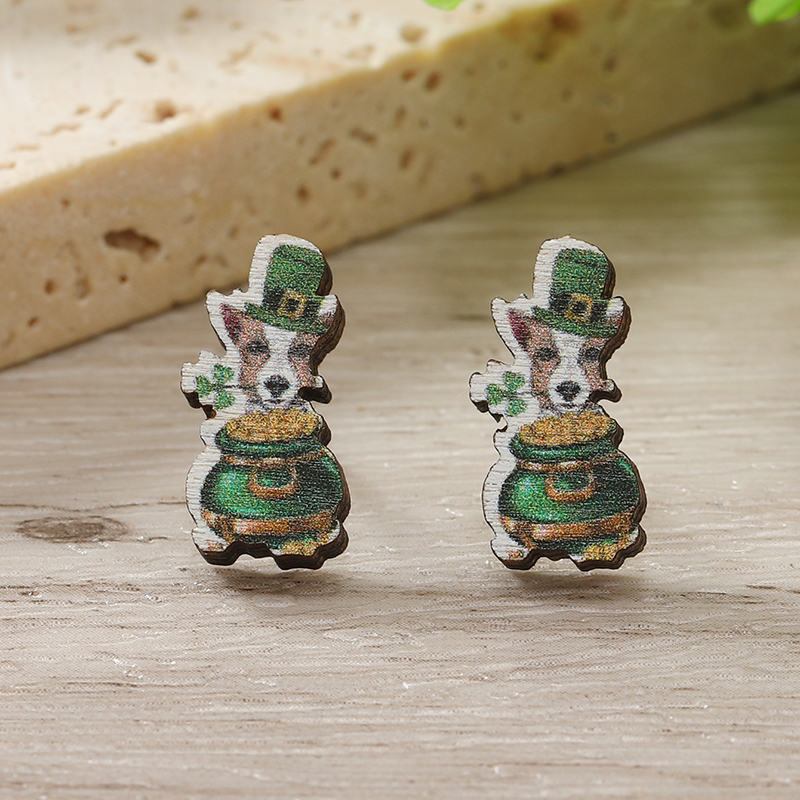 1 Pair Cute Shamrock Animal Painted Wood Silver Plated Ear Studs display picture 29