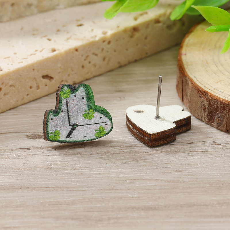 1 Pair Cute Shamrock Animal Painted Wood Silver Plated Ear Studs display picture 32