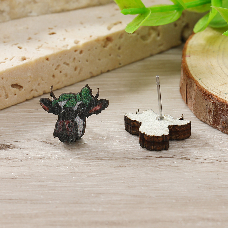 1 Pair Cute Shamrock Animal Painted Wood Silver Plated Ear Studs display picture 33