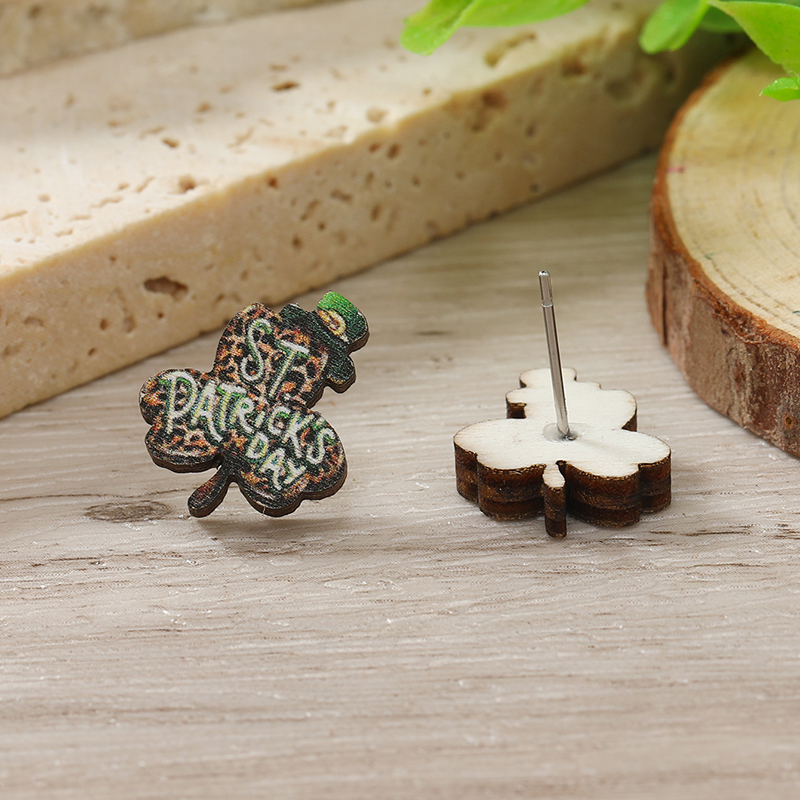 1 Pair Cute Shamrock Animal Painted Wood Silver Plated Ear Studs display picture 52