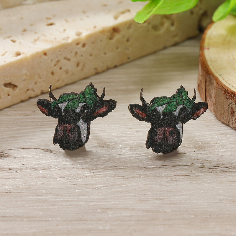 1 Pair Cute Shamrock Animal Painted Wood Silver Plated Ear Studs display picture 51