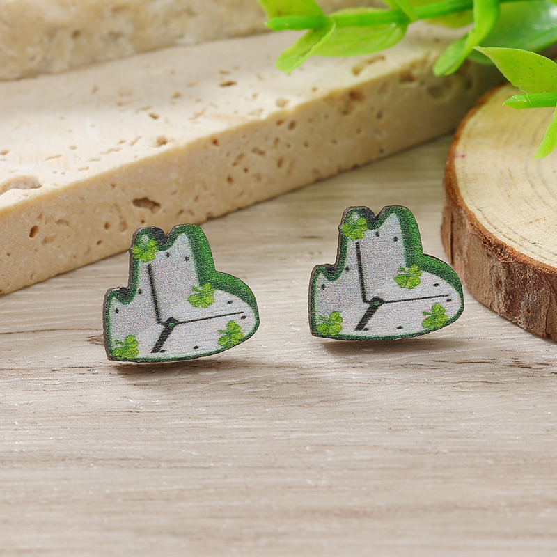 1 Pair Cute Shamrock Animal Painted Wood Silver Plated Ear Studs display picture 57