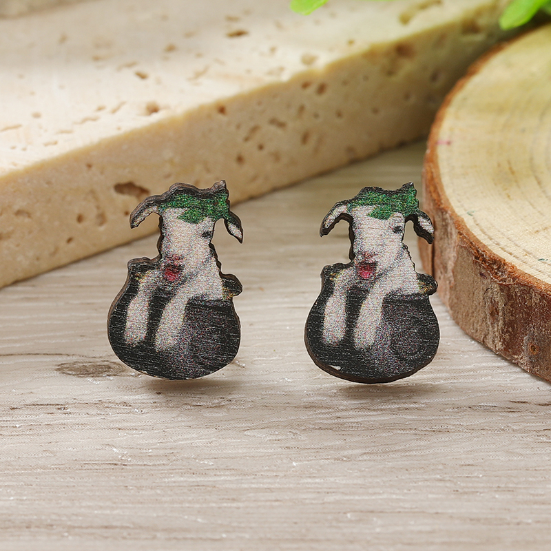 1 Pair Cute Shamrock Animal Painted Wood Silver Plated Ear Studs display picture 58