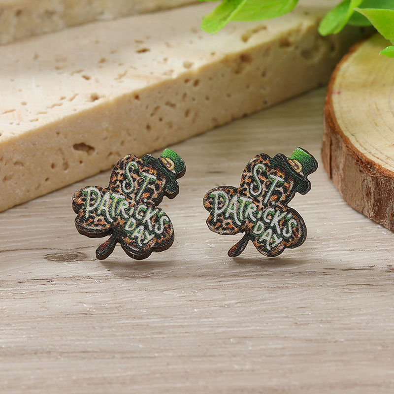 1 Pair Cute Shamrock Animal Painted Wood Silver Plated Ear Studs display picture 53