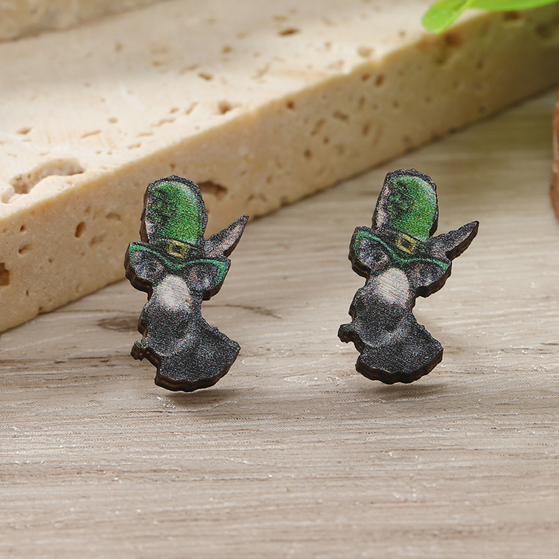 1 Pair Cute Shamrock Animal Painted Wood Silver Plated Ear Studs display picture 66