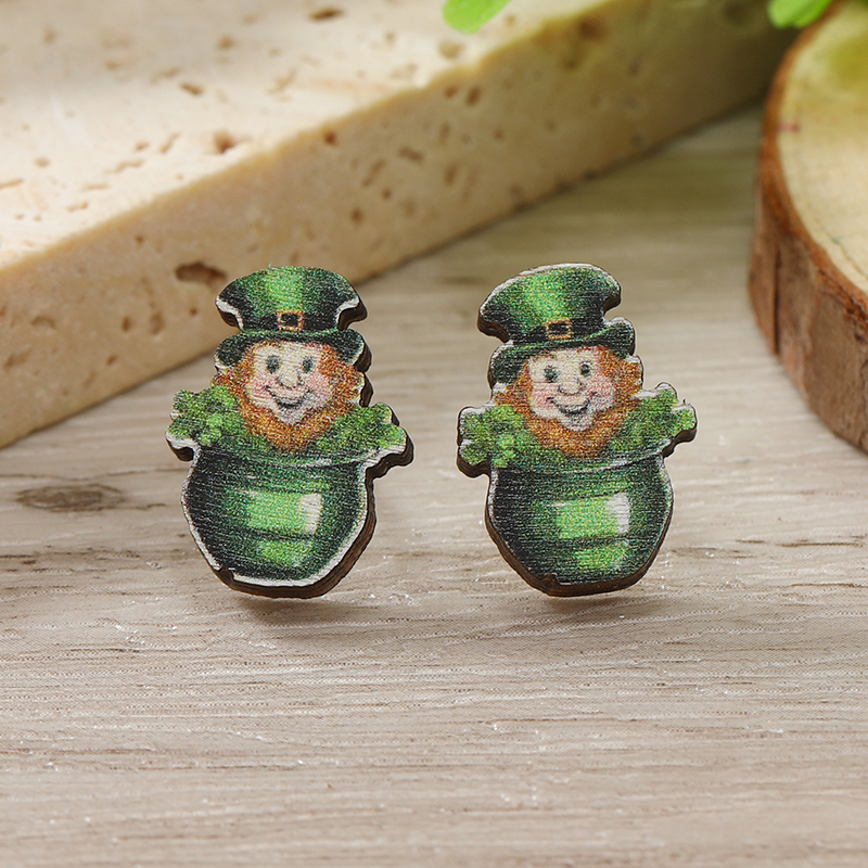 1 Pair Cute Shamrock Animal Painted Wood Silver Plated Ear Studs display picture 86