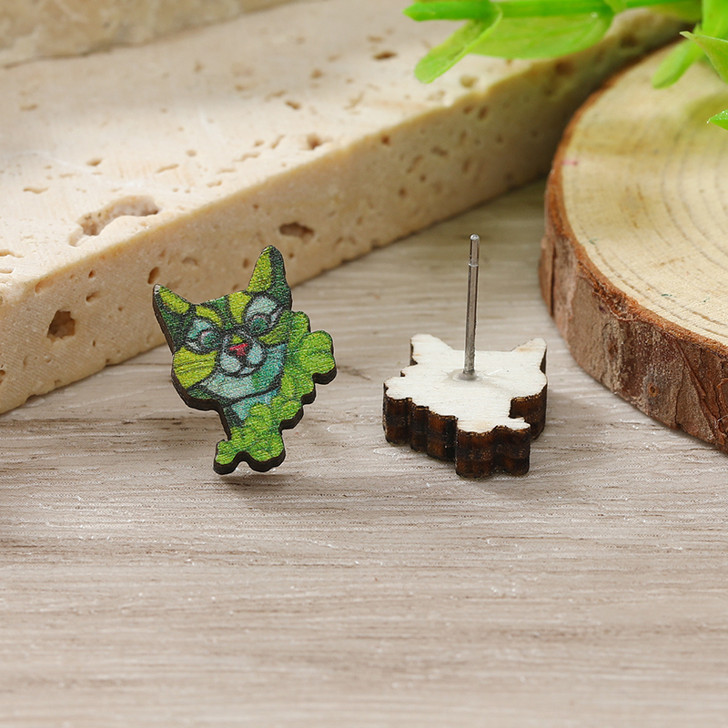 1 Pair Cute Shamrock Animal Painted Wood Silver Plated Ear Studs display picture 89