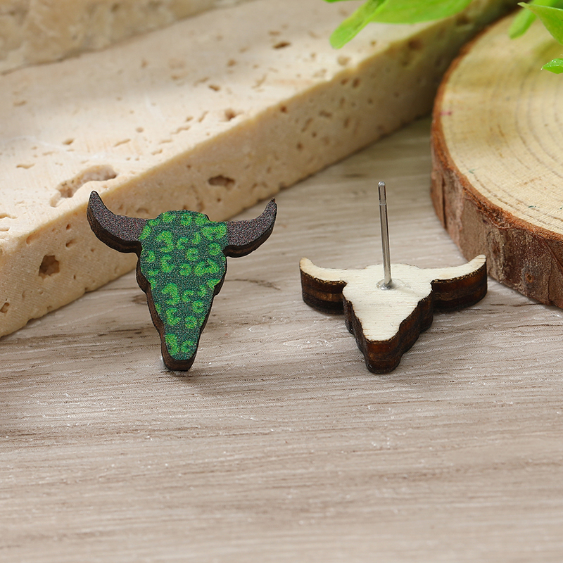 1 Pair Cute Shamrock Animal Painted Wood Silver Plated Ear Studs display picture 94