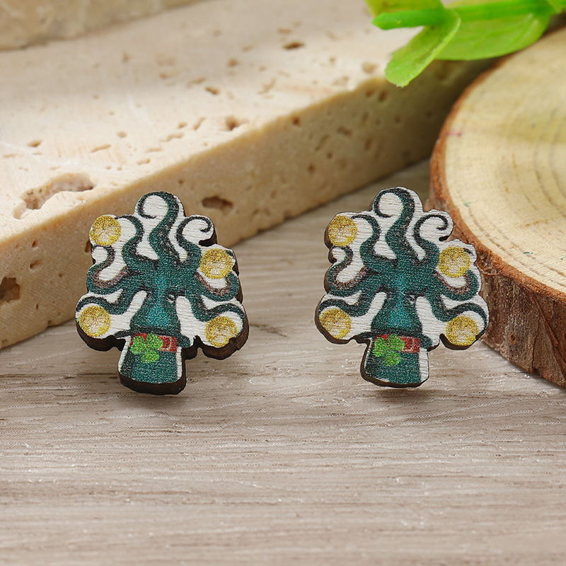 1 Pair Cute Shamrock Animal Painted Wood Silver Plated Ear Studs display picture 97