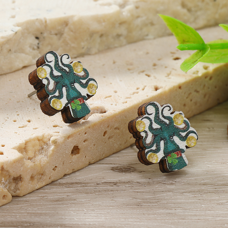 1 Pair Cute Shamrock Animal Painted Wood Silver Plated Ear Studs display picture 100