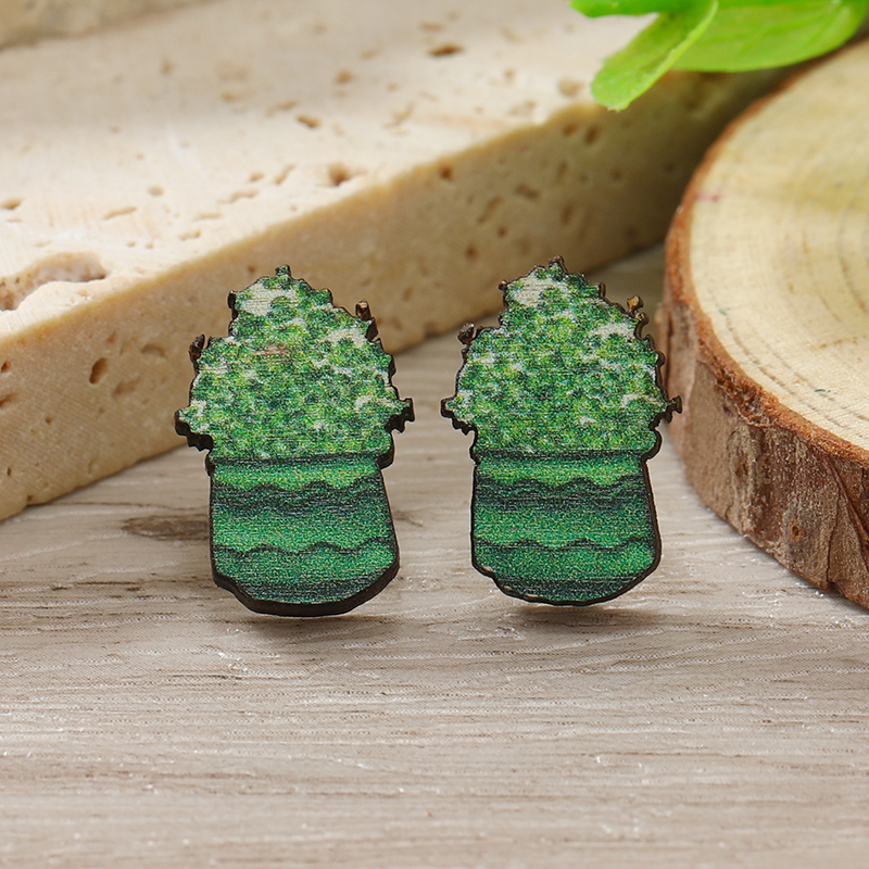 1 Pair Cute Shamrock Animal Painted Wood Silver Plated Ear Studs display picture 102