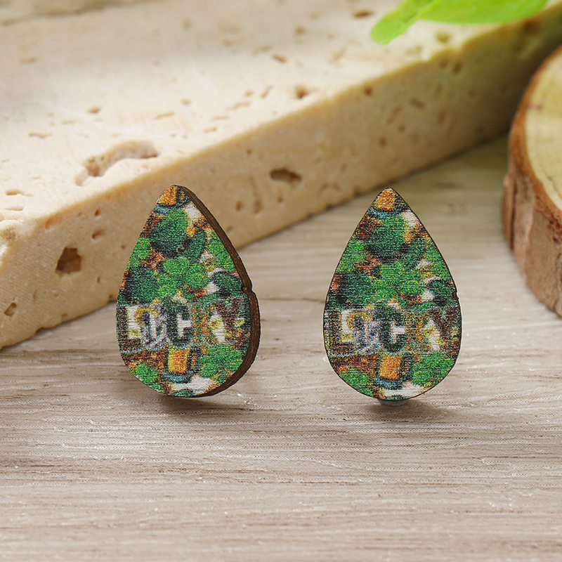 1 Pair Cute Shamrock Animal Painted Wood Silver Plated Ear Studs display picture 118