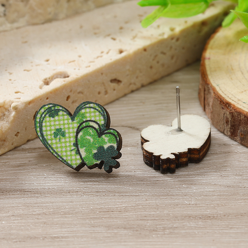 1 Pair Cute Shamrock Animal Painted Wood Silver Plated Ear Studs display picture 119