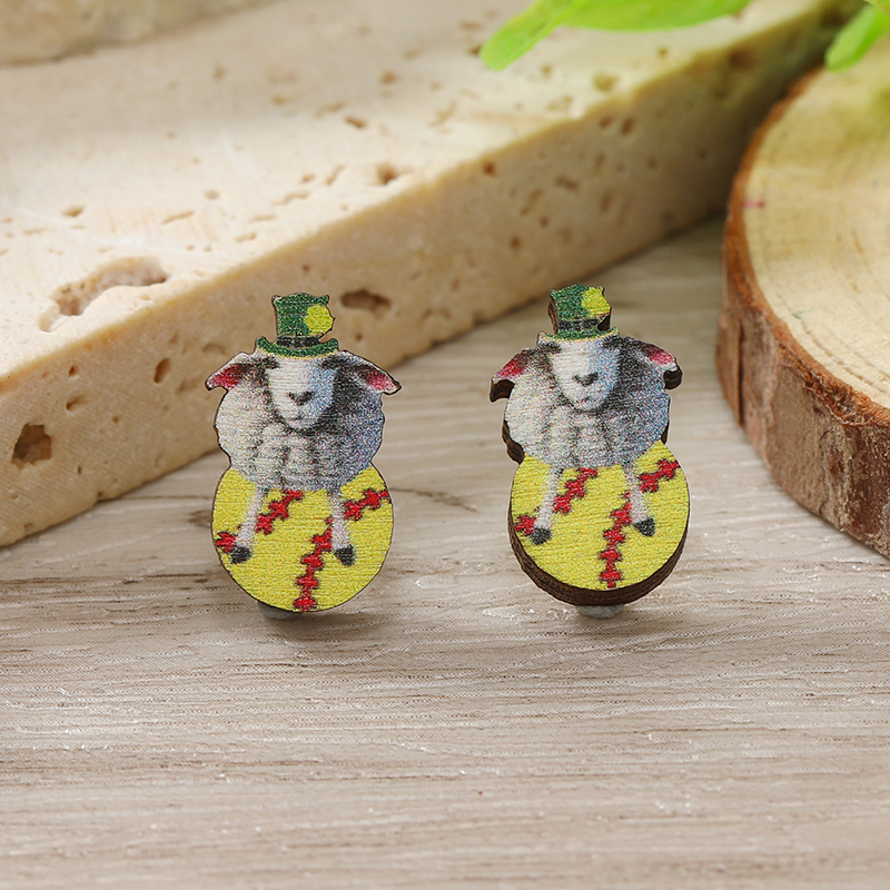 1 Pair Cute Shamrock Animal Painted Wood Silver Plated Ear Studs display picture 126