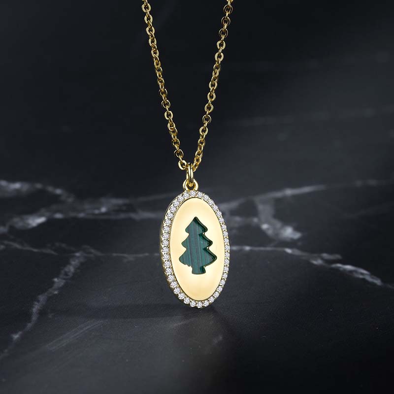 Ig Style Simple Style Christmas Tree Oval Alloy Copper Plating Inlay Turquoise Rhinestones Gold Plated Women's Pendant Necklace display picture 1