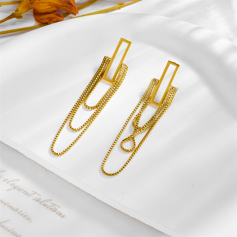 1 Pair Simple Style Rectangle Tassel Plating Titanium Steel 18k Gold Plated Drop Earrings display picture 3