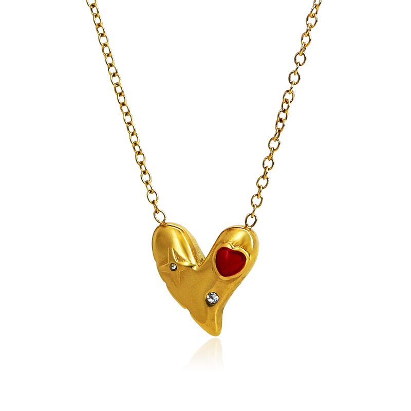 304 Stainless Steel 18K Gold Plated Simple Style Enamel Plating Inlay Heart Shape Rhinestones Pendant Necklace display picture 1