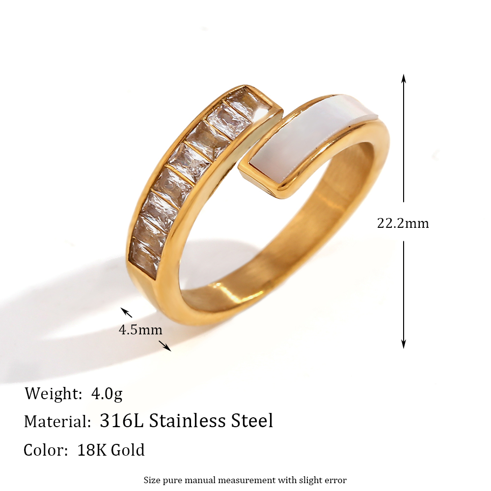 Simple Style Classic Style Rectangle Stainless Steel Plating Inlay Shell Zircon 18k Gold Plated Open Rings display picture 2