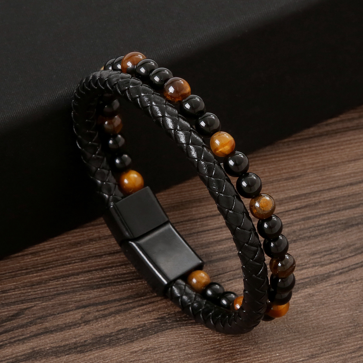 Hip-hop Retro Color Block Alloy Natural Stone Leather Knitting Woven Belt Men's Bangle display picture 1