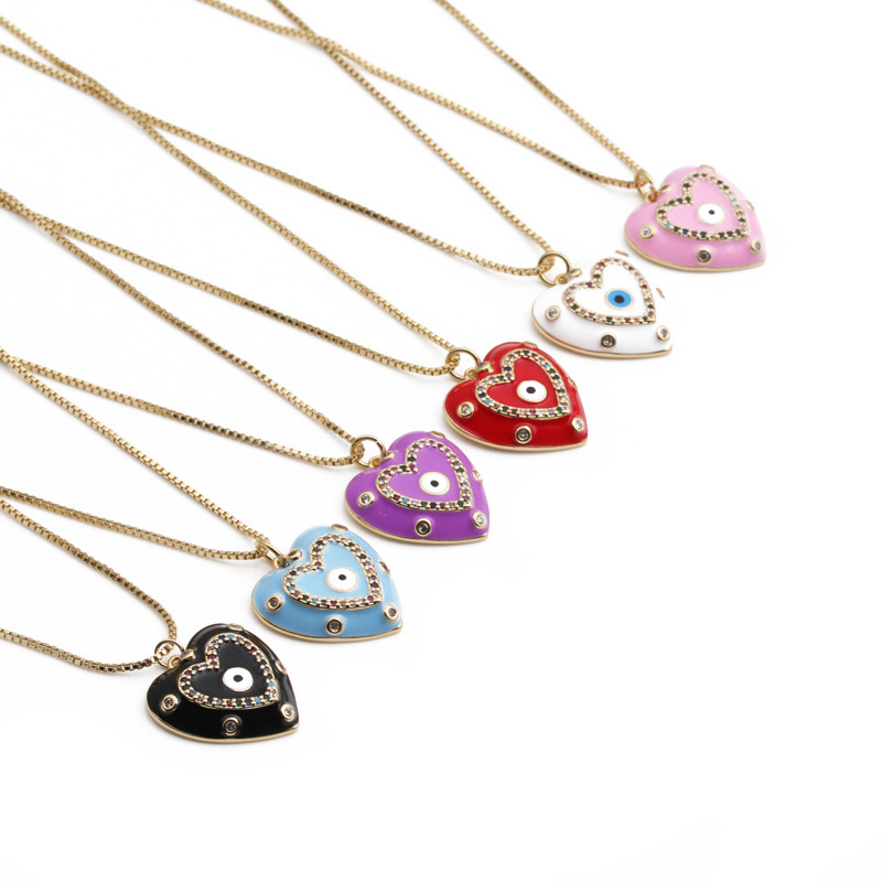 Simple Style Devil's Eye Heart Shape Copper Enamel Plating Inlay Zircon Gold Plated Pendant Necklace display picture 1