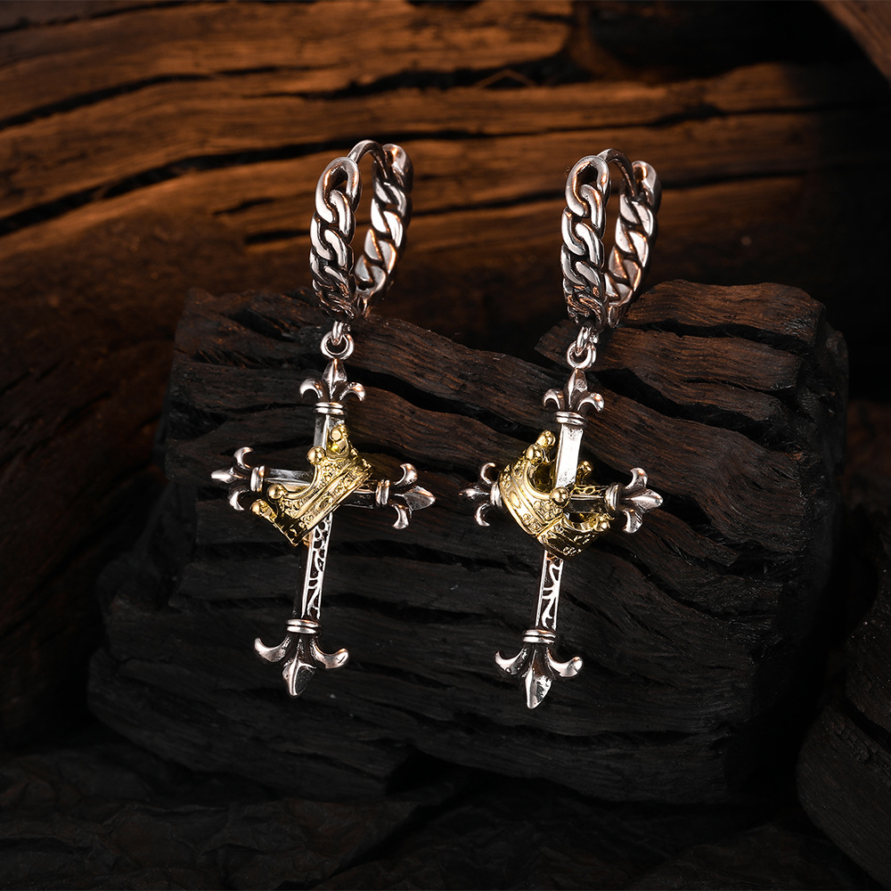 1 Pair Retro Cross Crown Plating Copper White Gold Plated Drop Earrings display picture 2