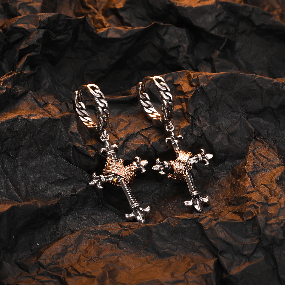 1 Pair Retro Cross Crown Plating Copper White Gold Plated Drop Earrings display picture 5