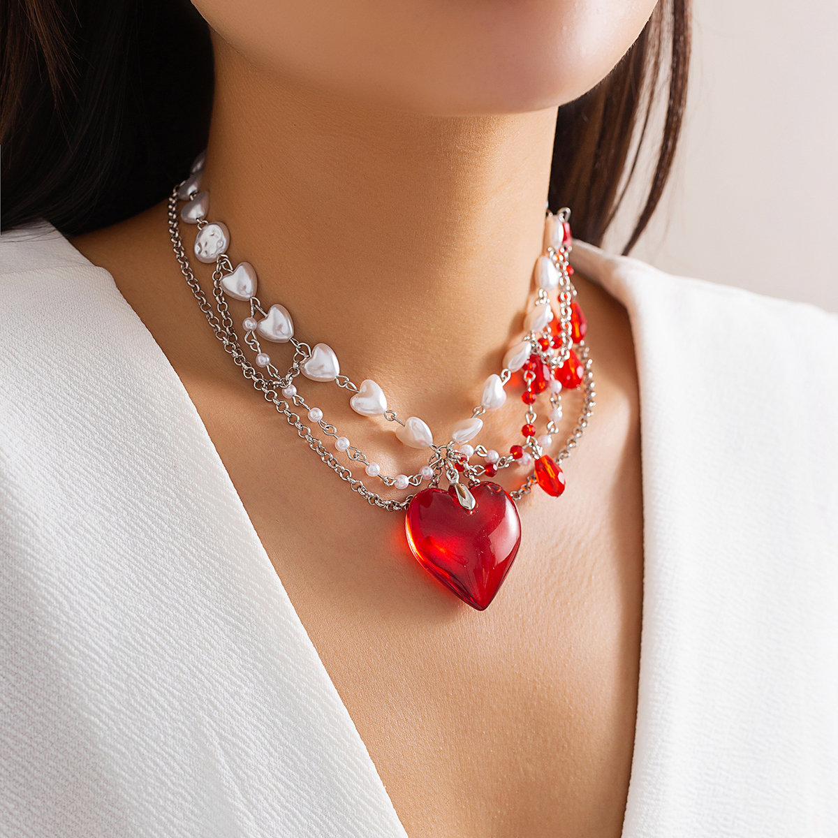 Classical Classic Style Irregular Heart Shape Imitation Pearl Glass Irregular Three-dimensional Chain Women's Layered Necklaces display picture 2