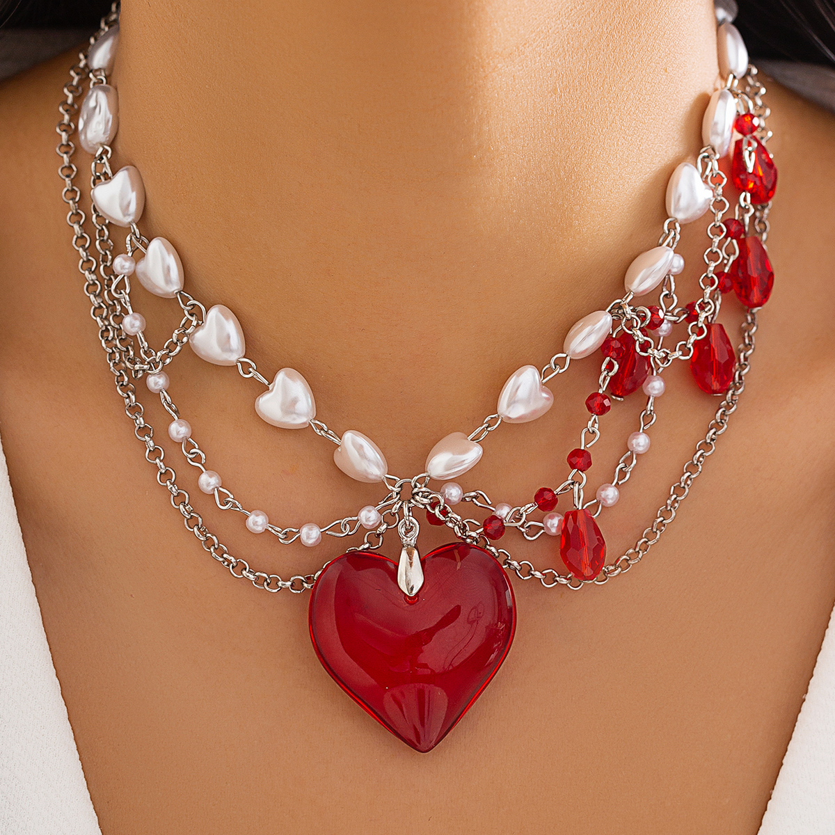 Classical Classic Style Irregular Heart Shape Imitation Pearl Glass Irregular Three-dimensional Chain Women's Layered Necklaces display picture 6
