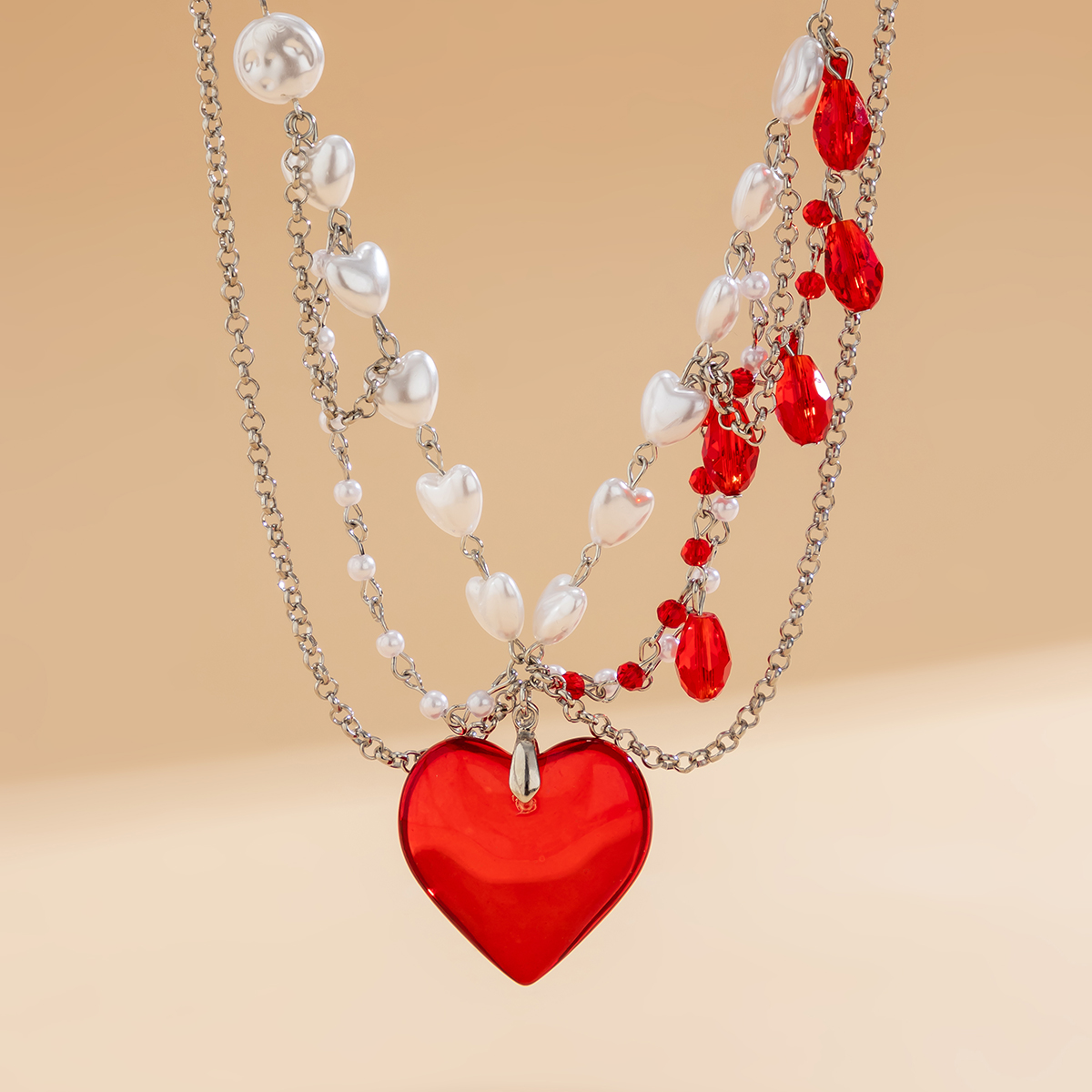 Classical Classic Style Irregular Heart Shape Imitation Pearl Glass Irregular Three-dimensional Chain Women's Layered Necklaces display picture 5
