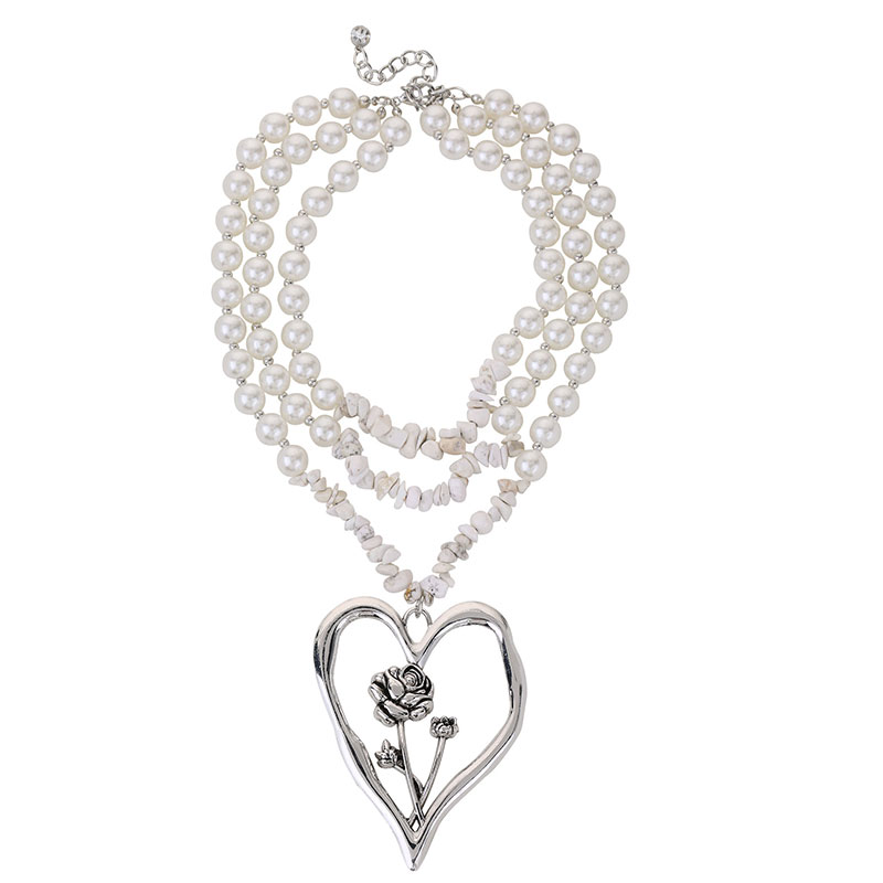 Commute Heart Shape Flower Imitation Pearl Alloy Howlite Knitting Women's Three Layer Necklace display picture 5